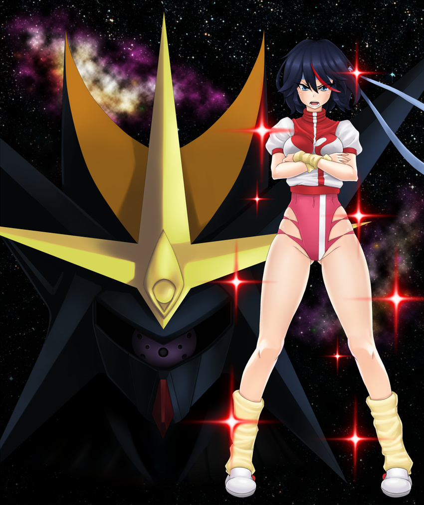 1girl cosplay crossed_arms forscience gunbuster head_band kill_la_kill leotard matoi_ryuuko multicolored_hair shoes short_hair solo takaya_noriko top_wo_nerae!