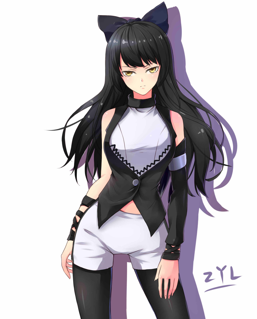 1girl absurdres asymmetrical_sleeves black_hair black_hairband black_legwear black_sleeves blake_belladonna contrapposto detached_sleeves floating_hair hairband highres long_hair long_sleeves pantyhose pantyhose_under_shorts rwby shiny shiny_hair short_shorts shorts simple_background solo standing very_long_hair white_background white_shorts yellow_eyes zyl