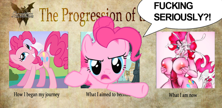 anthrofied big_breasts breaking_the_fourth_wall breasts clothing corruption_of_champions cutie_mark dickgirl english_text ep777 equine female feral friendship_is_magic hair horn horse huge_breasts huge_penis intersex jrvanesbroek mammal my_little_pony penis pink_hair pinkie_pie_(mlp) pony text tongue