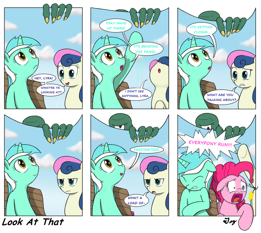 amber_eyes bench blue_eyes bold bonbon_(mlp) claws comic cutie_mark cyclops dialog english_text equine eyes_closed female feral friendship_is_magic frown fur green_fur grey_fur hair hand horn horse long_hair looking_up lyra_(mlp) lyra_heartstrings_(mlp) mammal monster my_little_pony open_mouth pink_fur pink_hair pinkie_pie_(mlp) pony smile teeth text tikyotheenigma tongue two_tone_hair unicorn yellow_eyes