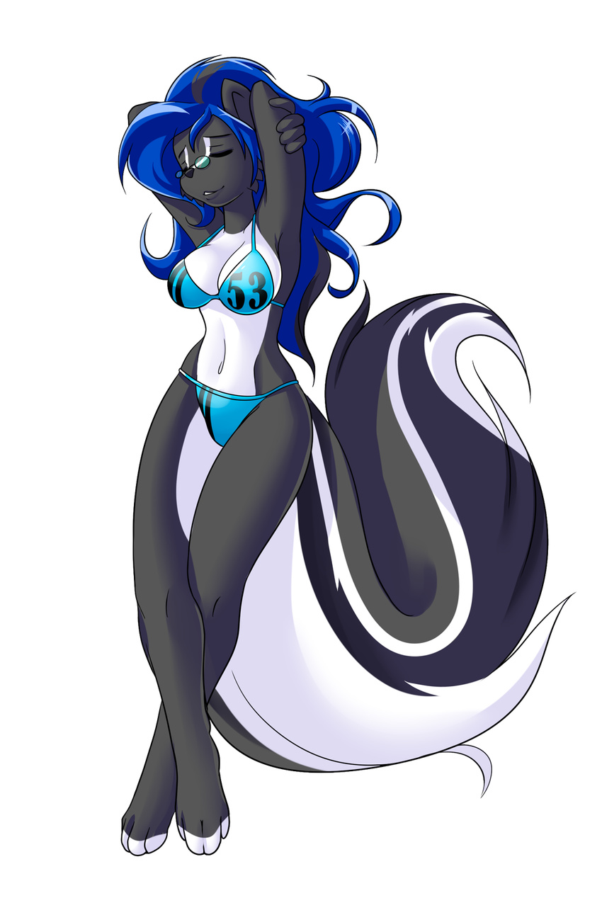 alpha_channel anthro arms_behind_head bikini blue_hair breasts cleavage closed clothed clothing eyewear female fur glasses grey_fur grey_hair hair havok hindpaw invalid_tag long_hair mammal navel nekonny paws pose skunk solo standing swimsuit thighs white_fur