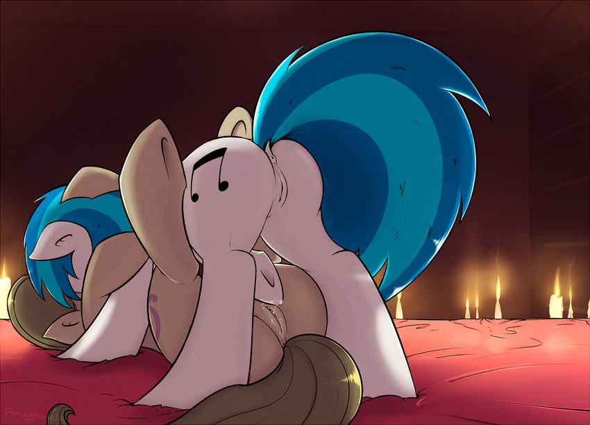 black_hair blue_hair butt cutie_mark equine female feral friendship_is_magic fur grey_fur hair horn horse lesbian lying mammal my_little_pony nude octavia_(mlp) on_back ponegranate pony pussy pussy_juice rubbing unicorn vinyl_scratch_(mlp) white_fur