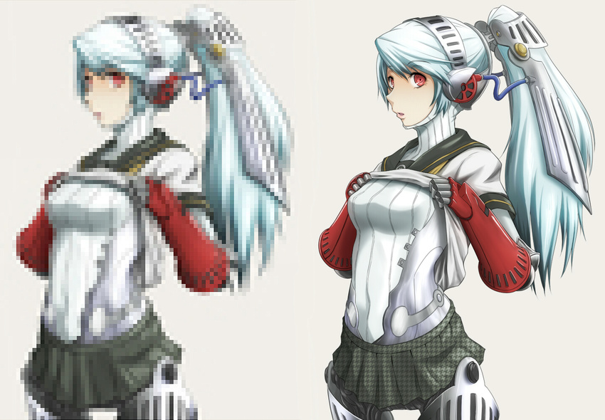 android ao_usagi blue_hair breasts grey_background headgear houndstooth labrys long_hair medium_breasts miniskirt no_nipples persona persona_4:_the_ultimate_in_mayonaka_arena pixelated pleated_skirt ponytail red_eyes ringed_eyes robot_joints school_uniform serafuku shirt_lift simple_background skirt solo thumbnail_surprise