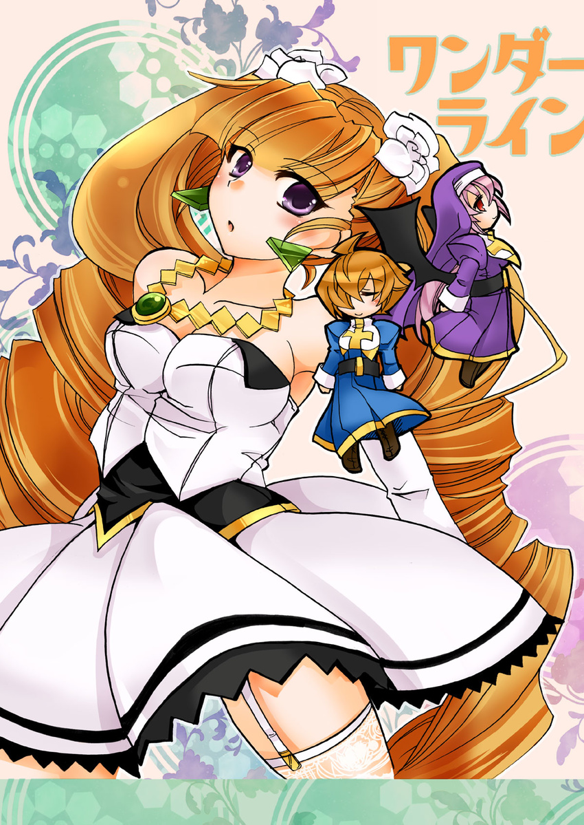 ahoge arcana_heart bare_shoulders blush breasts chibi clarice_di_lanza cleavage closed_eyes cover cover_page doujin_cover dress drill_hair elbow_gloves elsa_la_conti flower garter_straps gloves habit hair_flower hair_ornament highres impossible_clothes jewelry large_breasts minatsu_(popsta) minigirl multiple_girls necklace nun orange_hair petra_johanna_lagerkvist pink_hair purple_eyes red_eyes solo_focus strapless strapless_dress thighhighs twin_drills white_gloves white_legwear