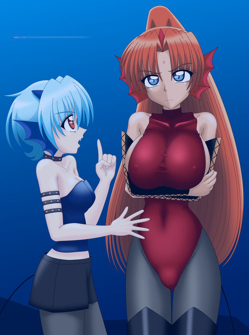 2girls azu._(azu_pitch) blue_eyes blue_hair bodysuit breasts covered_nipples erect_nipples fang highres huge_breasts long_hair mermaid_melody_pichi_pichi_pitch mimi_(mermaid_melody_pichi_pichi_pitch) multiple_girls orange_hair ponytail red_eyes sheshe short_hair small_breasts