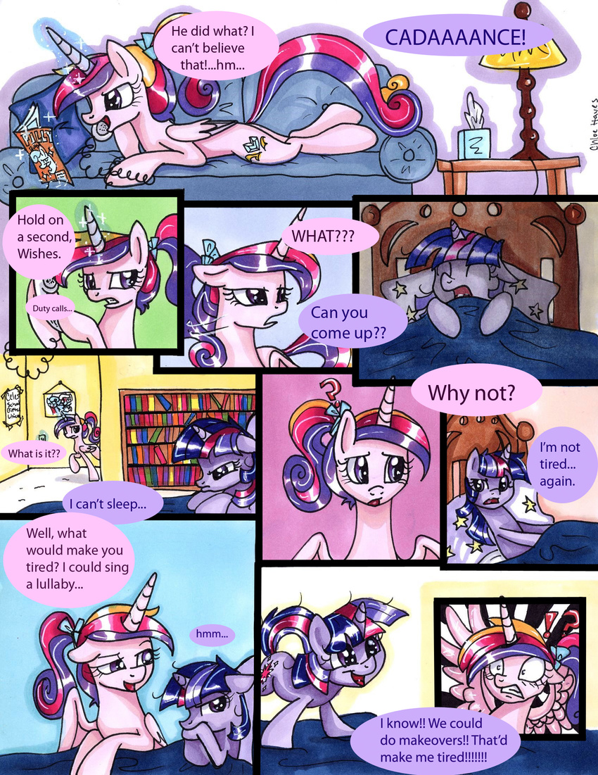 ? bed bedroom book bookshelf bow comic cutie_mark dialog english_text equine eyes_close eyes_closed female feral friendship_is_magic frostykat13 frown fur hair horn horse lamp long_hair looking_baack mammal multi-colored_hair my_little_pony open_mouth phone pillow pony ponytail poster princess_cadance_(mlp) purple_eyes purple_hair smile sofa teeth text tongue twilight_sparkle_(mlp) unicorn winged_unicorn wings young