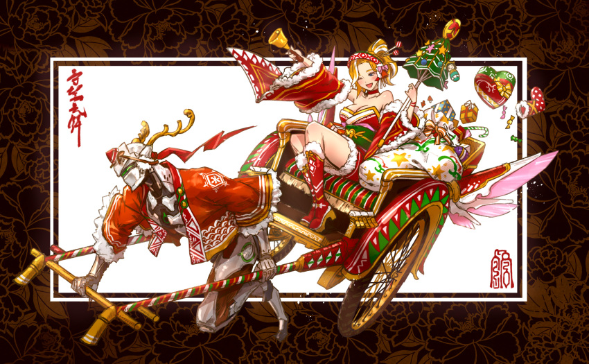 1boy 1girl antlers bag bare_shoulders bell blonde_hair blush boots box breasts candy candy_cane chariot christmas cleavage collarbone commentary_request cyborg detached_sleeves food forehead_protector frame full_body fur_trim genji_(overwatch) gift gift_box hair_ornament hair_stick heart-shaped_box helmet high_ponytail highres holding japanese_clothes kaburagi_yasutaka kimono knee_boots legs_together mask mechanical_halo medium_breasts medium_hair mercy_(overwatch) no_wings obi one_eye_closed open_mouth overwatch parasol sash short_kimono simple_background sitting smile translation_request umbrella white_background wide_sleeves