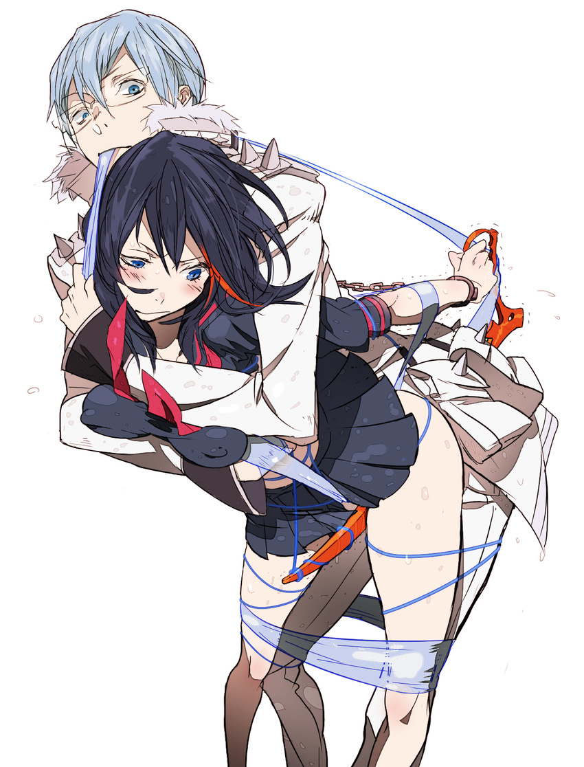 1girl between_legs black_hair blue_hair blush breasts chain covered_nipples glasses highres inumuta_houka kill_la_kill koutarou_(farthest) matoi_ryuuko medium_breasts skirt wire