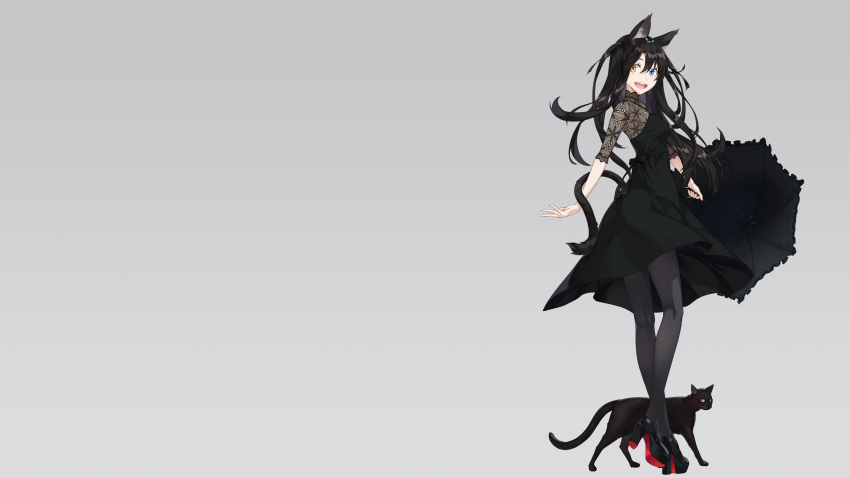 animal black_hair cat catgirl dress fang gradient gray kimura_(ykimu) long_hair original pantyhose tail