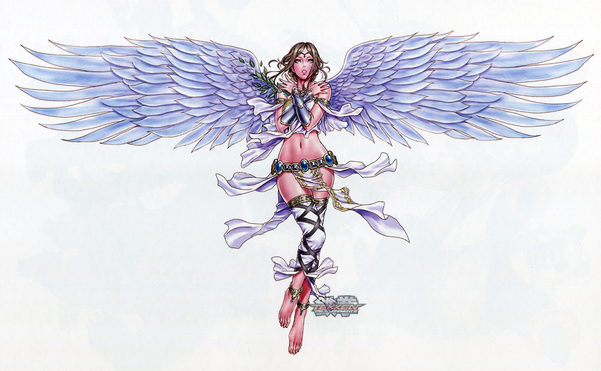 1girl angel angel_(tekken) anklet barefoot belt bracer brown_hair circlet detached_leggings feathered_wings jewelry lips loincloth long_hair lots_of_jewelry midriff navel solo tekken tekken_tag_tournament_2 watermark white_background wings yamashita_shun'ya yamashita_shun&#39;ya yamashita_shun&#x27;ya yamashita_shun'ya