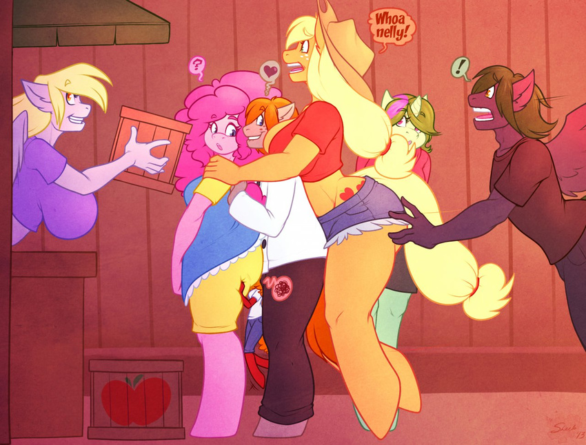 ! &lt;3 2013 ? amber_eyes anthro anthrofied applejack_(mlp) big_breasts blonde_hair blue_eyes breasts brown_hair clothed clothing cutie_mark derpy_hooves_(mlp) english_text equine falling female friendship_is_magic fur group hair horn horse male mammal my_little_pony orange_fur orange_hair original_character pegasus pink_fur pink_hair pinkie_pie_(mlp) pony sheela side_boob text tripped tripping uhoh unicorn wings wood