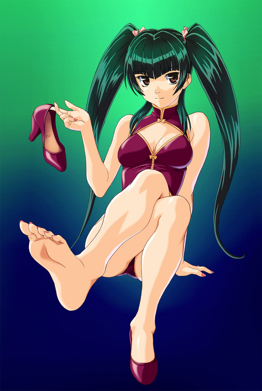 1girl barefoot breasts feet female full_body green_hair gundam gundam_00 high_heels looking_at_viewer nail_polish norizou_type-r pink_nails pov_feet rs_factory shoes single_shoe sitting smile soles solo toe-point toenail_polish toes twintails wang_liu_mei