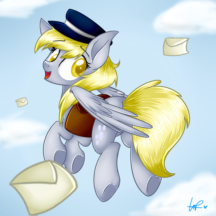 bad blonde_hair cutie_mark derpy_hooves_(mlp) equine female feral friendship_is_magic fur grey_fur hair hat horse letter long_hair looking_back mammal my_little_pony open_mouth pegasus pony shyshyoctavia smile solo tongue wings yellow_eyes