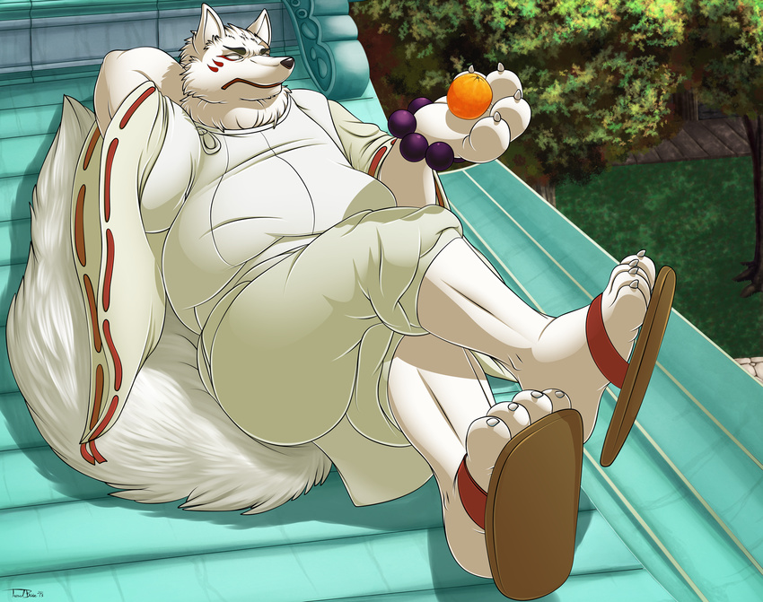 4_toes anthro arm_behind_head beads black_nose canine chubby claws clothing crossed_legs fox fur gingitsune gintaro grass japanese_clothing kimono lying male mammal on_back orange_(fruit) outside roof sandals scar solo teaselbone toe_claws tree white_fur