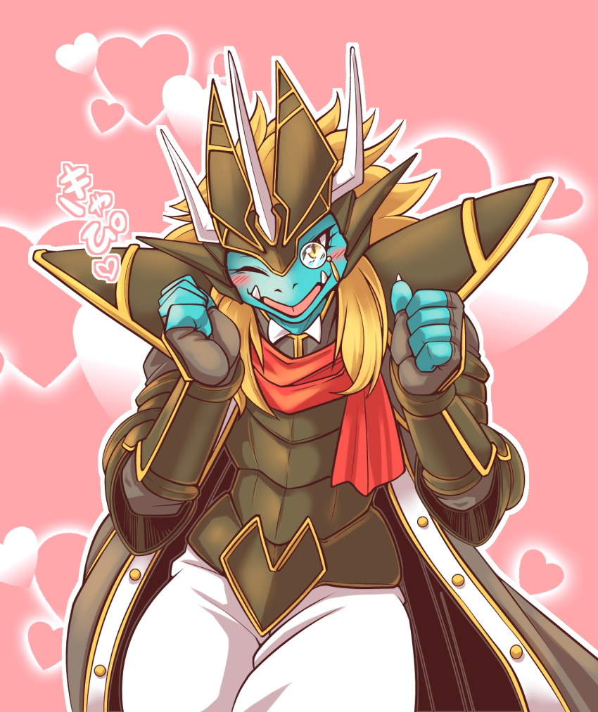 &lt;3 2018 anthro armor blonde_hair blue_body blush clothed clothing coat dragon eyelashes eyewear future_card_buddyfight hair hat headgear horn looking_at_viewer male monocle open_mouth qinus_axia red_scarf risuou scalie simple_background solo square_academic_cap teeth text tongue translation_request yellow_eyes