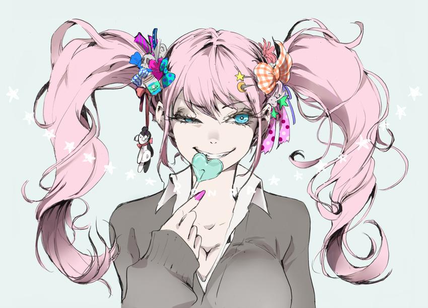 bad_id bad_pixiv_id blue_eyes breasts candy cleavage danganronpa danganronpa_1 enoshima_junko eyelashes food grin hair_ornament hair_ribbon large_breasts lollipop long_hair meroo_(zest) monokuma nail_polish pink_hair pullover ribbon smile solo twintails