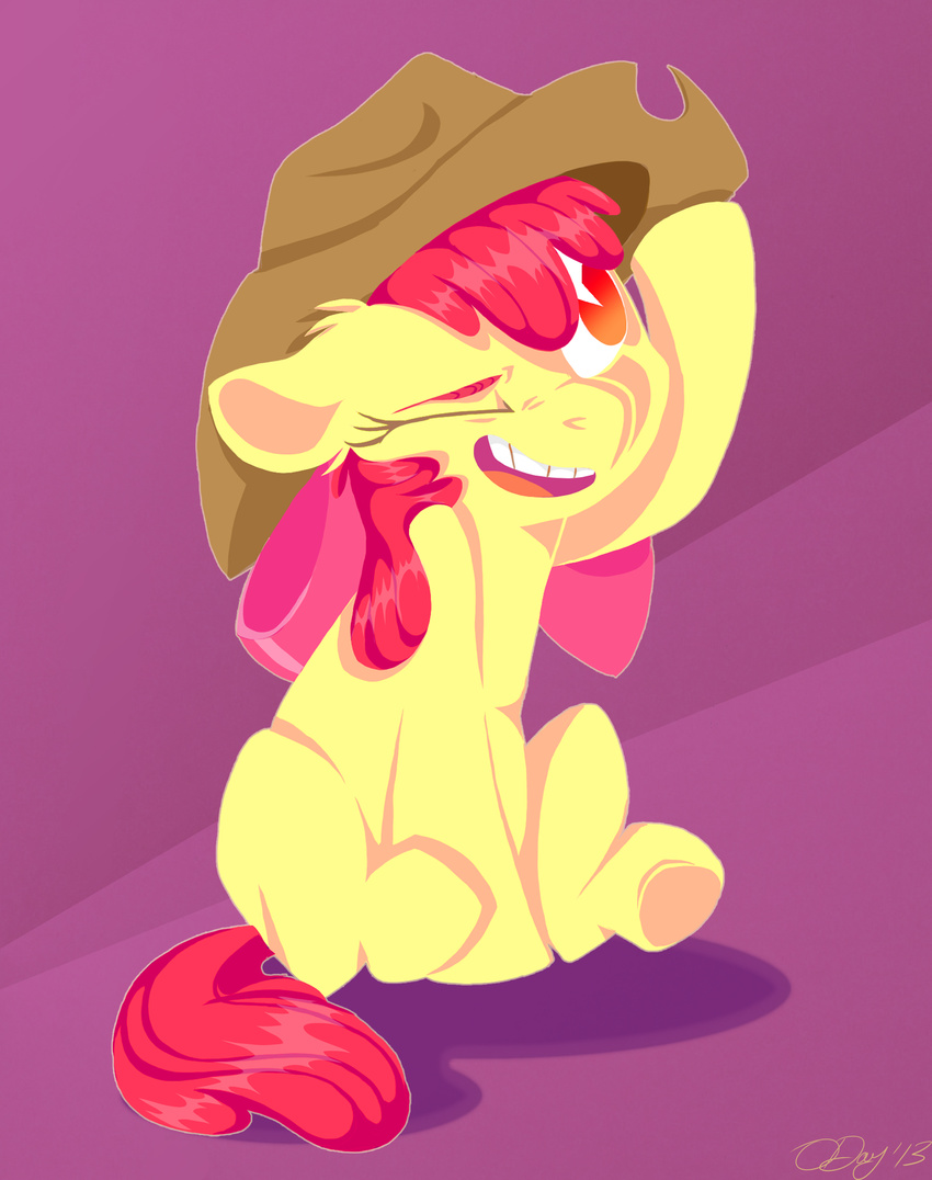 amber_eyes apple_bloom_(mlp) bow cowboy_hat equine female feral friendship_is_magic graystripe64 hair hat hi_res horse mammal my_little_pony one_eye_closed one_eyes_closed pony red_hair sitting solo young