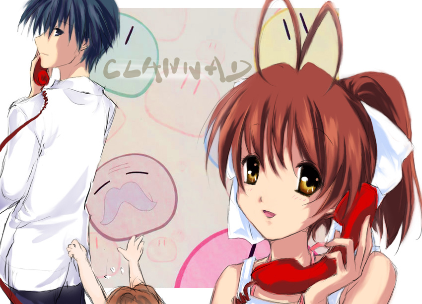 2girls antenna_hair bad_id bad_pixiv_id blue_eyes blue_hair brown_eyes brown_hair clannad corded_phone dango_daikazoku elder_dango furukawa_nagisa multiple_girls okazaki_tomoya okazaki_ushio phone ponytail short_hair strib_und_werde