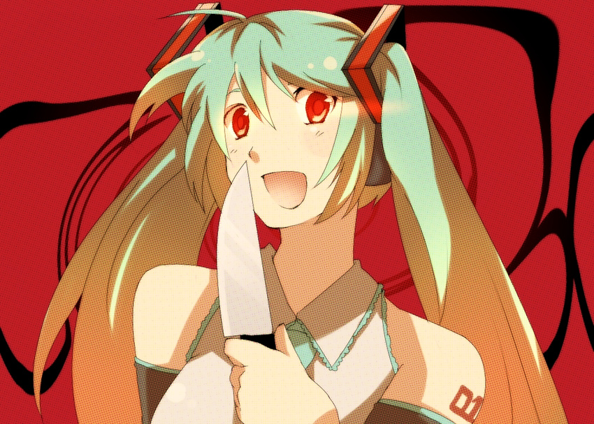 bad_id bad_pixiv_id hatsune_miku jingiruu knife long_hair red_eyes solo twintails vocaloid yandere