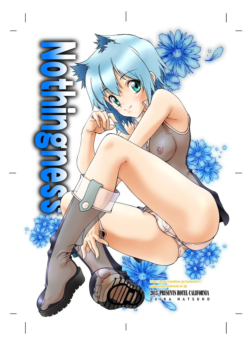 animal_ears black_dress blue_eyes blue_hair boots breasts cat_ears dress error floral_background flower highres nanami_ao natsuno_suika nipples panties short_dress short_hair small_breasts smile solo transparent underwear white_panties wrong_feet yozakura_quartet