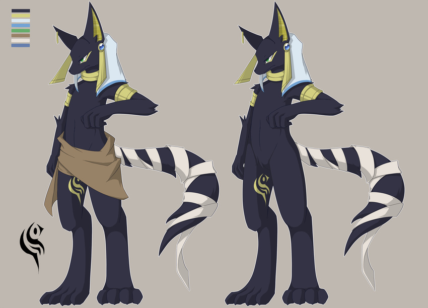 ambiguous_gender anthro anubis bandage black_fur canine color_swatch deity digitigrade ear_piercing eyes_half_open fur glare green_eyes half-closed_eyes hauyne jackal mammal model_sheet piercing plain_background standing tape tribal_markings