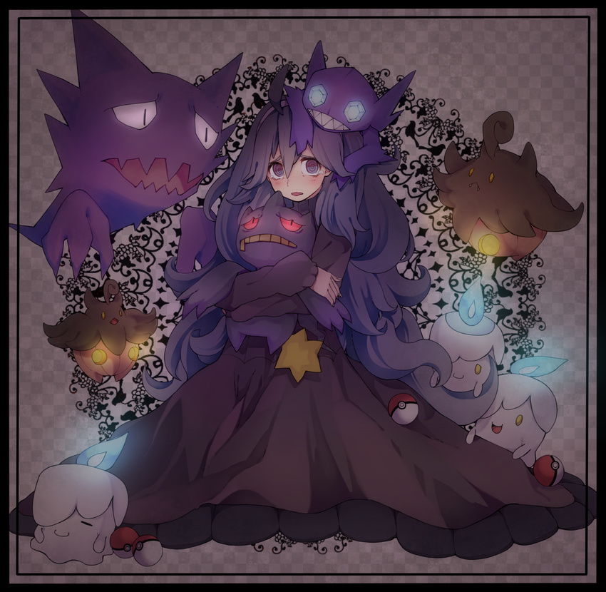 ahoge al_bhed_eyes banette big_hair blue_fire blush checkered checkered_background commentary_request crying dress fire frame gen_1_pokemon gen_3_pokemon gen_5_pokemon gen_6_pokemon ghost hairband haunter hex_maniac_(pokemon) highres litwick long_dress long_hair looking_at_viewer messy_hair panda_tarou poke_ball pokemon pokemon_(creature) pokemon_(game) pokemon_xy pumpkaboo purple_eyes purple_hair sableye sitting tears