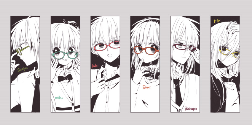 3boys 3girls :o :p adjusting_clothes adjusting_eyewear adjusting_necktie anzu_(o6v6o) aqua-framed_eyewear bangs bow bowtie collared_shirt dual_persona formal genderswap genderswap_(ftm) glasses green-framed_eyewear gumi gumiya hair_between_eyes hair_bow hairband hand_in_hair hand_to_own_mouth hatsune_miku high_contrast kamui_gakupo lily_(vocaloid) long_hair looking_at_viewer megurine_luki multiple_boys multiple_girls nail_polish necktie open_mouth orange-framed_eyewear polka_dot polka_dot_bow purple-framed_eyewear red-framed_eyewear shirt short_hair_with_long_locks smile spot_color tongue tongue_out twintails vocaloid yellow-framed_eyewear