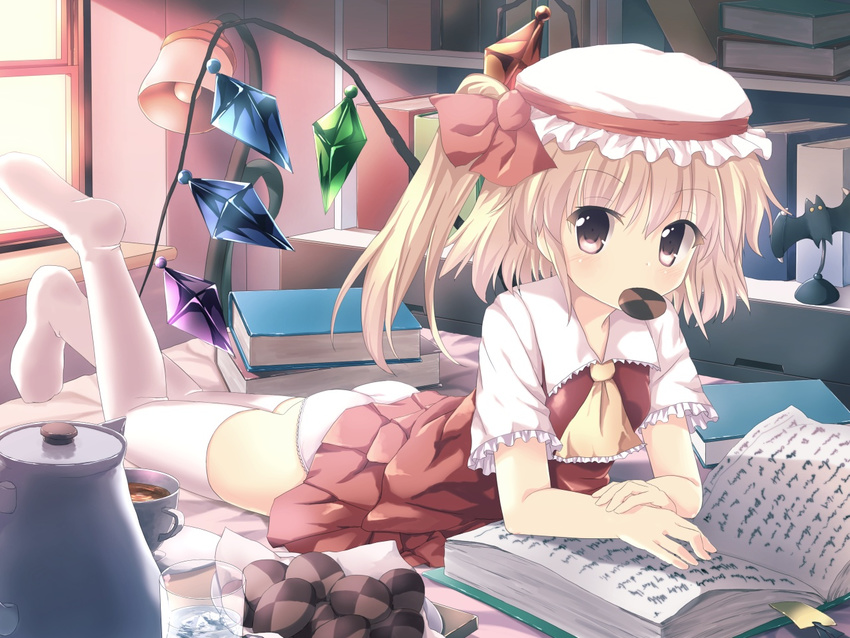 ascot ass bat blonde_hair blush book bookmark bookshelf checkerboard_cookie cookie cup eating flandre_scarlet food food_in_mouth francis_de_lariatte glass hat lamp lying mouth_hold on_bed on_stomach open_book panties red_eyes shelf short_hair side_ponytail skirt skirt_set solo sunlight sweets tea teacup teapot thighhighs touhou tray underwear water white_legwear white_panties window wings