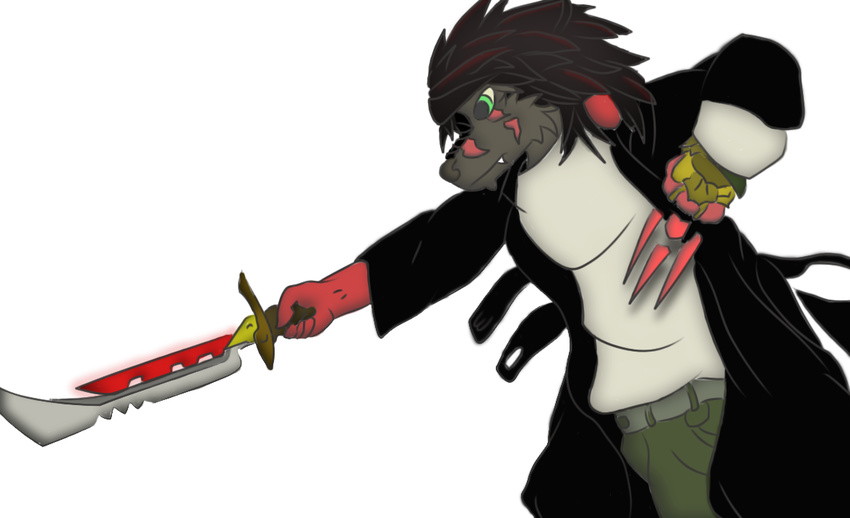 black_hair canine claws david_wolf facial_markings fur gauntlet glove green_eyes hair jacket johnovex male mammal markings original_character plain_background poxs red_fur red_highlights solo sword teeth tooth weapon white_background white_shirt wolf