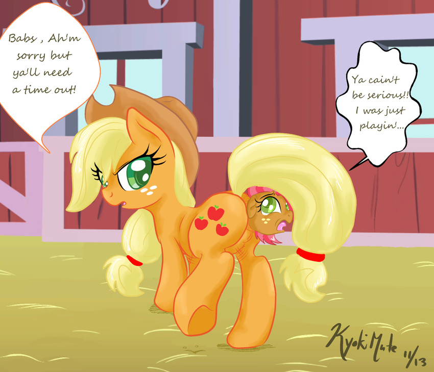 anal anal_insertion anal_penetration anal_vore applejack_(mlp) babs_seed_(mlp) barn blonde_hair brown_fur cowboy_hat cub cutie_mark dialog duo english_text equine female feral freckles friendship_is_magic fur green_eyes hair hat horse insertion inside kyokimute lesbian mammal my_little_pony orange_fur penetration pony pussy standing text two_tone_hair vorarephilia vore young