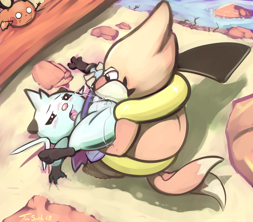 beach black_eyes black_nose blush caught claws colored cunnilingus dedenne detailed_background dewott female female_ejaculation feral floatzel half-closed_eyes holding mammal mouse mustelid nintendo open_mouth oral oral_sex otter outside pok&#233;mon pok&eacute;mon pussy pussy_juice rock rodent sand seaside sex shocked spread_legs spreading spying teeth tom_smith vaginal video_games water