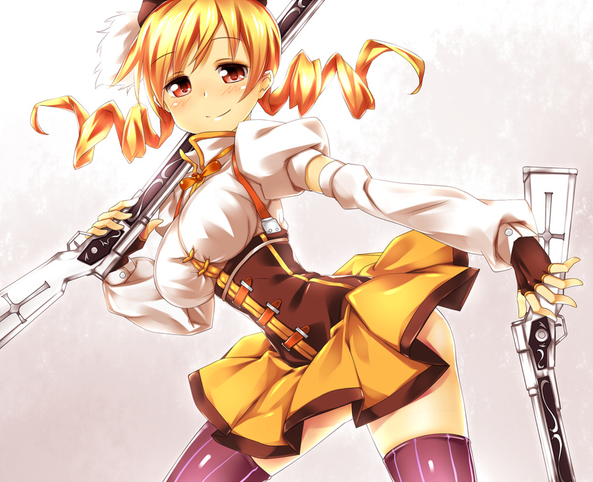 bad_id bad_pixiv_id beret blonde_hair corset detached_sleeves drill_hair dual_wielding fingerless_gloves gloves gun hat highres holding keikotsu long_hair magical_girl magical_musket mahou_shoujo_madoka_magica pleated_skirt puffy_sleeves red_eyes skirt smile socks solo striped striped_legwear thighhighs tomoe_mami twin_drills twintails vertical-striped_legwear vertical_stripes weapon