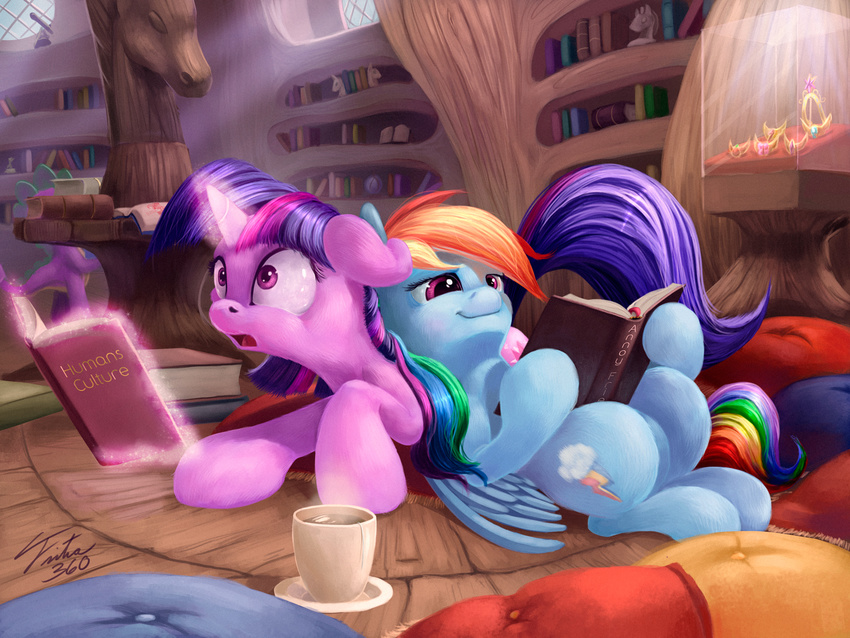 book bookshelf coffee cup dragon duo elements_of_harmony english_text equine female friendship_is_magic glowing hair horse jewelry library lying magic male mammal mug multi-colored_hair my_little_pony pillow pony purple_eyes purple_hair rainbow_dash_(mlp) rainbow_hair reading signature sparkles spike_(mlp) steam text tsitra360 twilight_sparkle_(mlp)