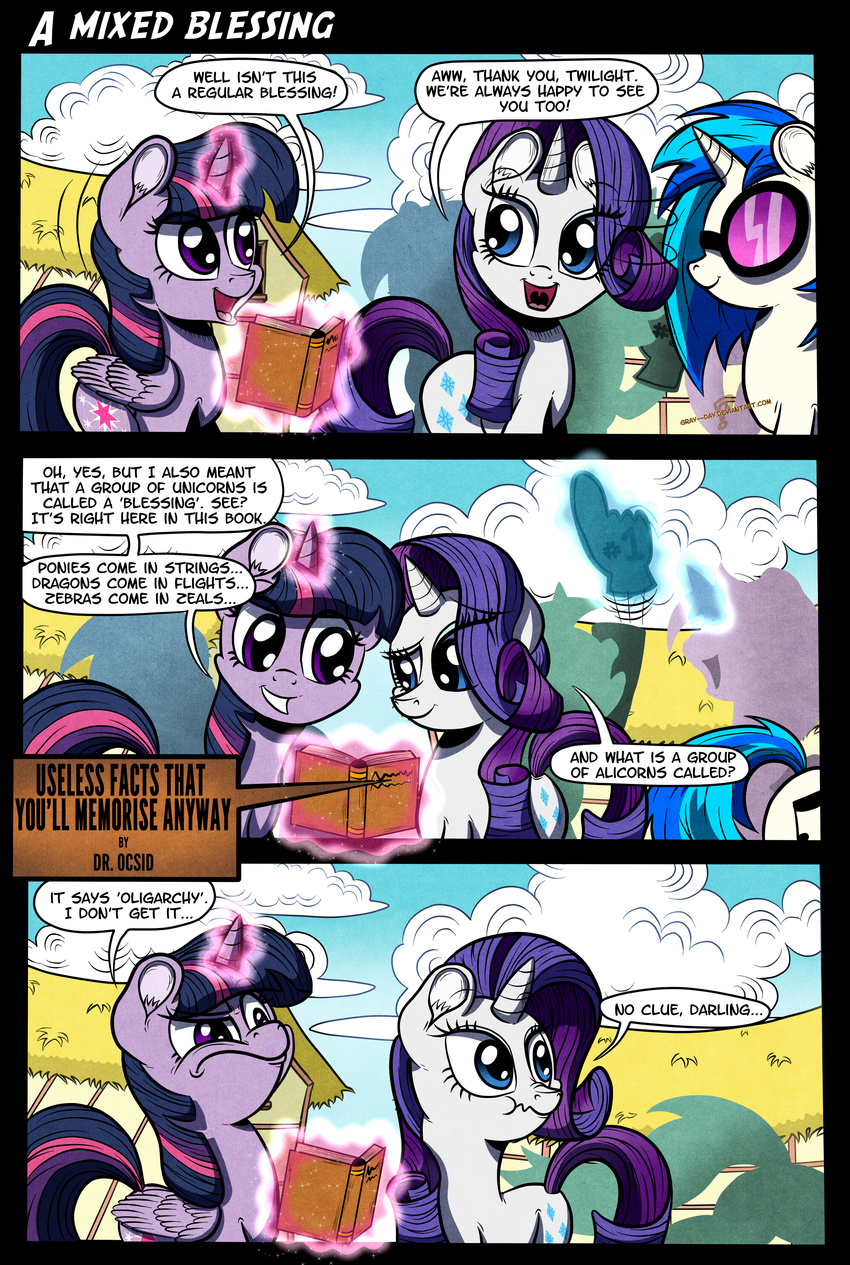 blue_hair book building comic cutie_mark dialog english_text equine eyewear female feral foam_finger friendship_is_magic frown fur glasses glowing gray--day hair horn horse long_hair looking_back magic mammal multi-colored_hair my_little_pony open_mouth outside pony purple_eyes purple_fur purple_hair rarity_(mlp) sky smile text tongue twilight_sparkle_(mlp) two_tone_hair unicorn vinyl_scratch_(mlp) white_fur winged_unicorn wings