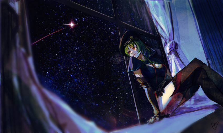 bad_id bad_pixiv_id curtains elbow_gloves gloves green_hair hat long_hair night night_sky sky star_(sky) star_driver starry_sky thighhighs total watanabe_kanako window yellow_eyes