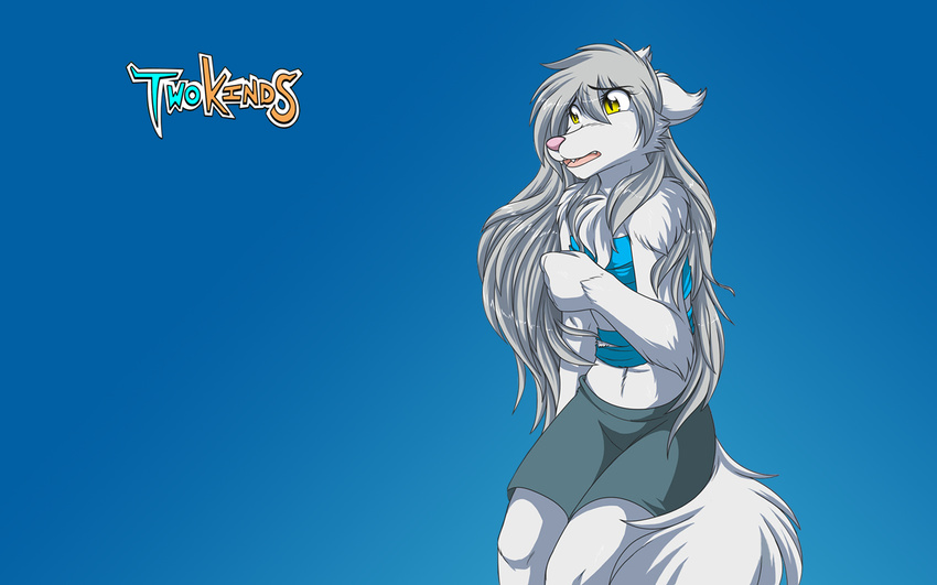 clothing edit female fire fur grey_hair hair hindpaw keidran long_hair mammal nazarov77 nishizumi77 open_mouth paws photoshop raine_(twokinds) scared solo tom_fischbach tongue twokinds wallpaper wolf yellow_eyes