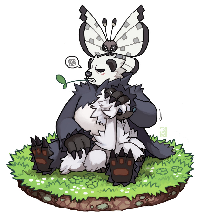 faux_traditional_media furfrou gen_6_pokemon highres mouth_hold no_humans pangoro petting pokemon pokemon_(creature) squiggle straw_(stalk) vivillon