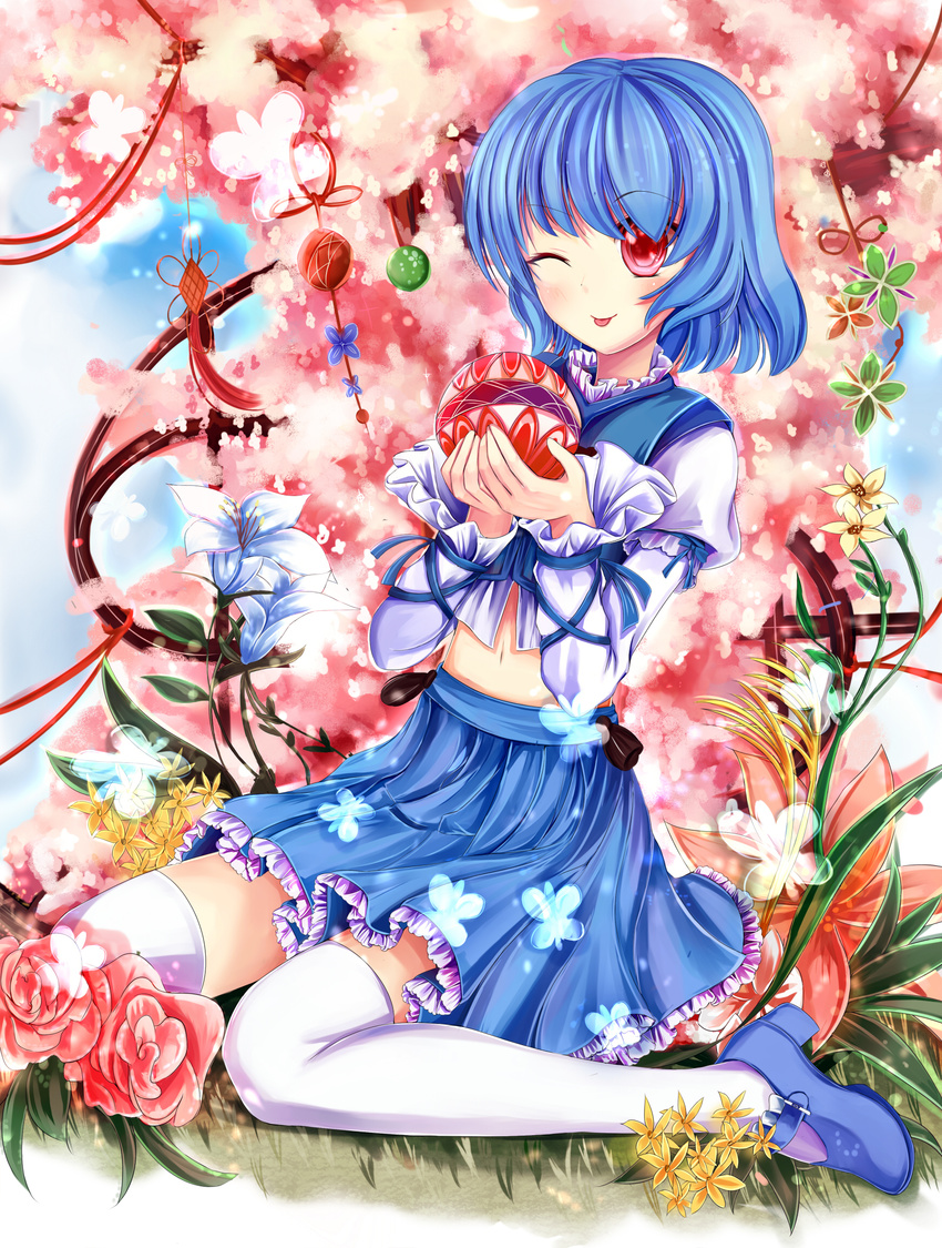 ;p adapted_costume bad_id bad_pixiv_id ball bug butterfly cherry_blossoms flower frills grass highres insect juliet_sleeves light_particles lily_(flower) long_sleeves looking_at_viewer midriff navel one_eye_closed over-kneehighs pink_flower pink_rose puffy_sleeves red_eyes rose sitting skirt solo tatara_kogasa thighhighs tongue tongue_out touhou tree vest vivian_(lancerhd) wariza