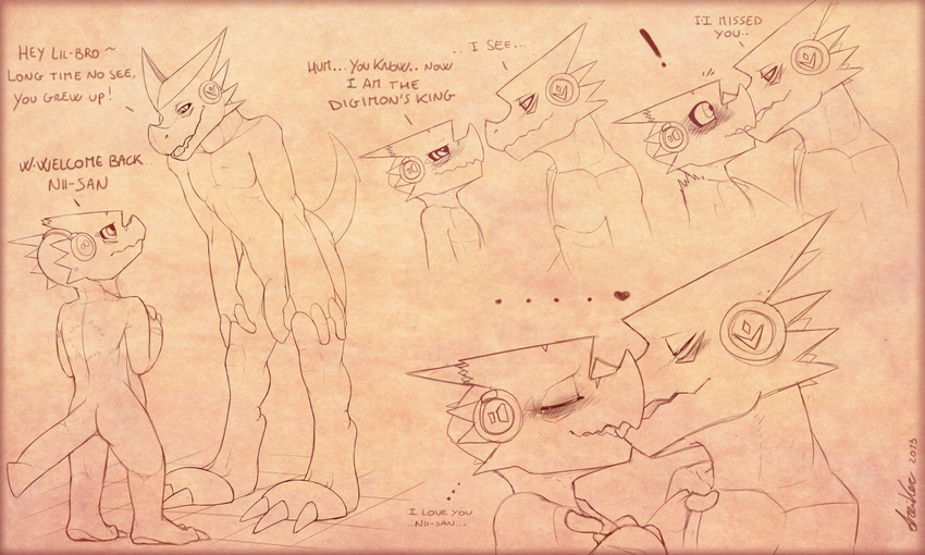 &lt;3 anthro blush brothers butt cub dialog digimon dreiker english_text eye_contact flaccid gay hand_on_shoulder hands_on_hips incest kissing leaning leaning_forward male monochrome nude penis shoutmon sibling size_difference text uncut young