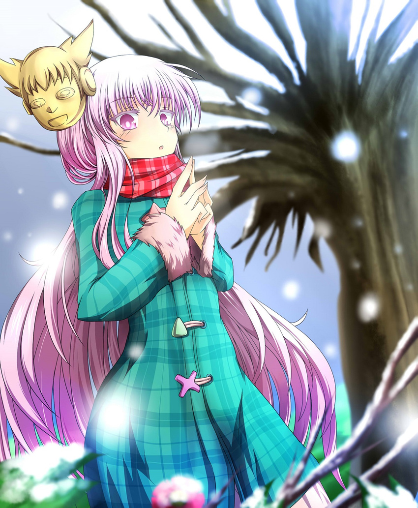 adapted_costume bare_tree g_(desukingu) hata_no_kokoro highres long_hair long_sleeves mask new_mask_of_hope open_mouth pink_eyes pink_hair plaid plaid_scarf plaid_shirt scarf shirt skirt snowing solo touhou tree