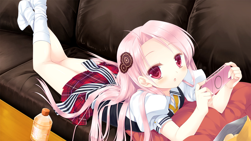 blush chestnut_mouth chips couch food game_cg gangsta_republica handheld_game_console long_hair miyasu_risa no_shoes non-web_source open_mouth pink_hair plaid plaid_skirt playstation_portable potato_chips red_eyes sarka_grossmanova school_uniform skirt solo