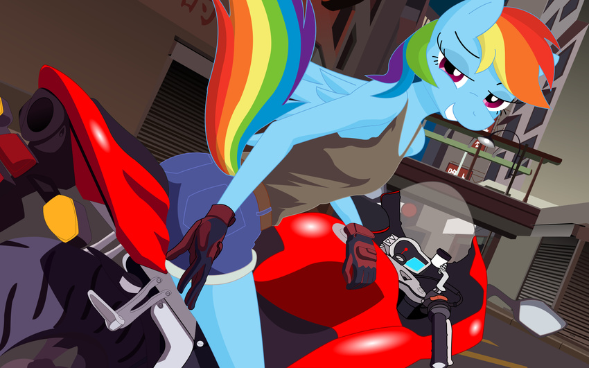 2013 anthro anthrofied back bridge building city clothing dnantti equine female friendship_is_magic fur game_background invalid_color looking looking_at_viewer looking_back mammal motorcycle my_little_pony night pegasus rainbow_dash_(mlp) riding shorts solo street team_fortress_2 wings