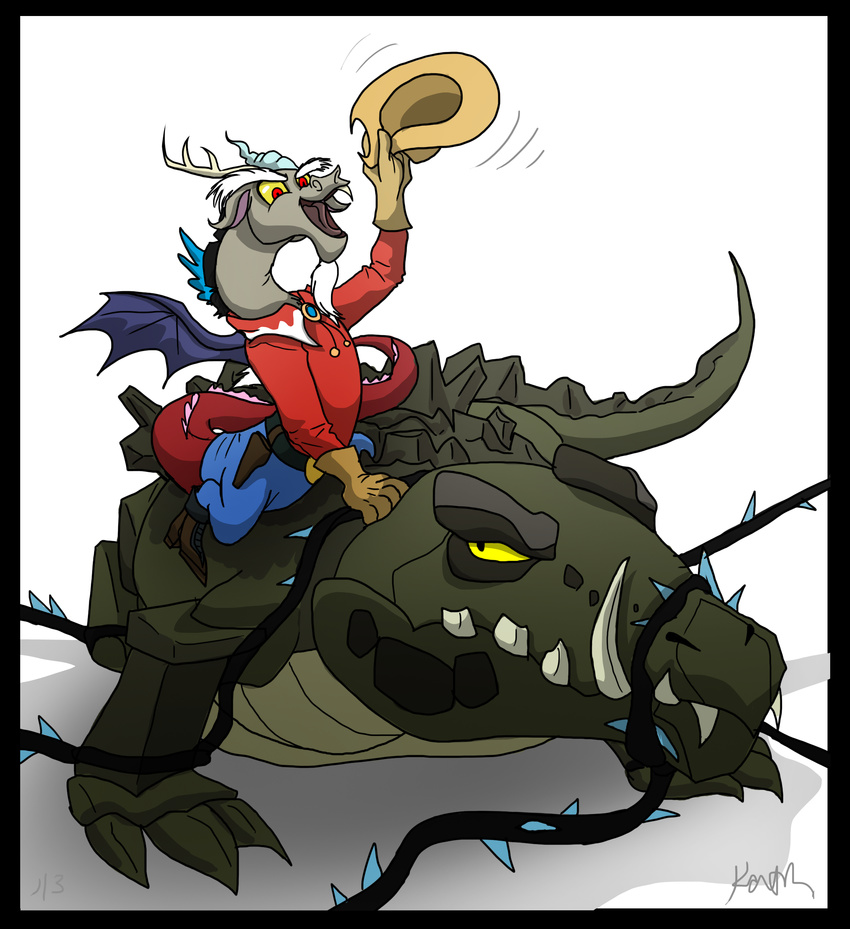 antler bound clothing cowboy_hat cragadile_(mlp) crocodile dawnmistpony discord_(mlp) draconequus friendship_is_magic hat horn male my_little_pony red_eyes reptile ridding scalie shirt smile thorns vines wings