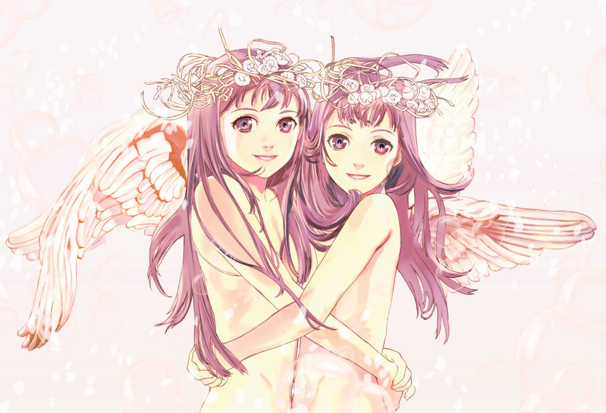 2girls angel_wings bad_id bad_pixiv_id hug long_hair multiple_girls nude original purple_eyes purple_hair siblings smile twins wings