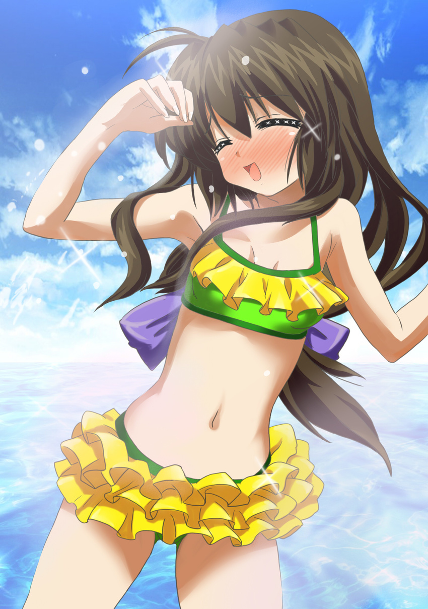 aruru_no_zaki bad_id bad_pixiv_id bikini blush child clannad closed_eyes cloud colorized day hair_ribbon highres ibuki_fuuko long_hair open_mouth ribbon sky solo swimsuit tankini tim_tim_machine water