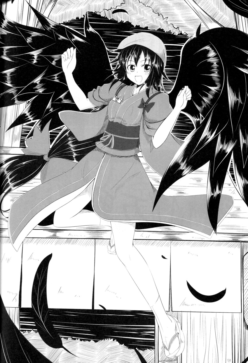 alternate_costume alternate_hairstyle black_hair feathers greyscale head_scarf highres long_hair makino_(ukiuo) monochrome non-web_source open_mouth reiuji_utsuho sandals smile solo tasuki touhou wings