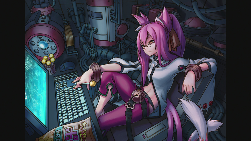 animal_ears artist_request bell belt black_panties blazblue blazblue:_chronophantasma bracelet cable candy cat_ears cat_tail chips coat computer expressionless food glasses jewelry jingle_bell keyboard_(computer) kokonoe lollipop machinery mouse_(computer) multiple_tails official_art panties pants pince-nez pink_hair pipes ponytail potato_chips red_pants sitting solo tail two_tails underwear yellow_eyes