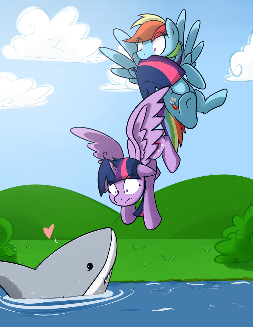 &lt;3 bush chicasonic cloud cutie_mark day equine female feral fish flying friendship_is_magic grass group hair horn horse mammal marine multi-colored_hair my_little_pony outside pegasus pony purple_eyes purple_hair rainbow_dash_(mlp) shark sky twilight_sparkle_(mlp) water winged_unicorn wings