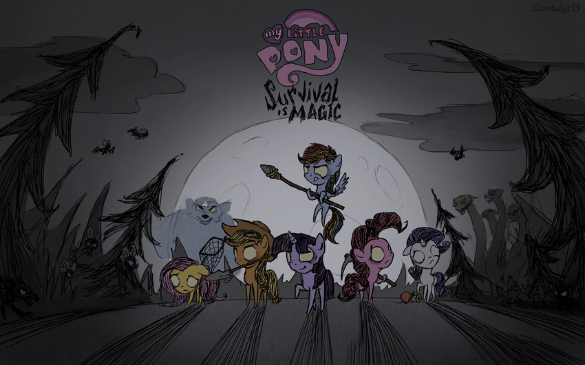 applejack_(mlp) bat bear blonde_hair blue_fur butterfly_net canine cannibalus cowboy_hat crossover cutie_mark don't_starve english_text equine female feral fluttershy_(mlp) flying forest friendship_is_magic fur group hair hat horn horse long_hair mammal moon multi-colored_hair my_little_pony no_pupils open_mouth orange_fur outside pegasus pickaxe pink_fur pink_hair pinkie_pie_(mlp) polearm pony purple_fur purple_hair rainbow_dash_(mlp) rainbow_hair rarity_(mlp) shovel sky smile spear text tree twilight_sparkle_(mlp) unicorn white_fur wings wolf yellow_fur