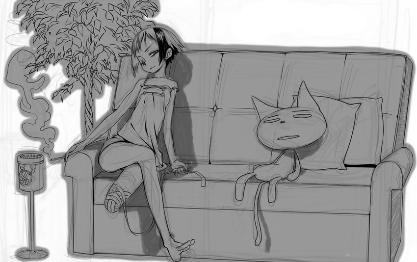 amputee bandages bikko cat cigarette couch crossed_legs dress greyscale monochrome multicolored_hair one-eyed original scar short_hair sitting smoking swastika two-tone_hair yoshida_on